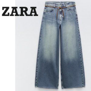 NWT ZARA Loose Wide-leg High-waist Belted Jeans